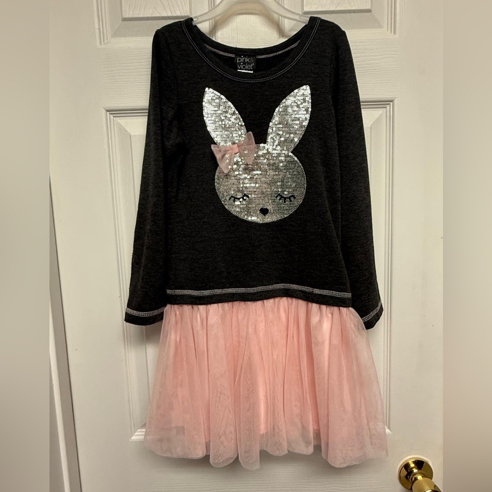 Kids Black & Silver Sequin Bunny Dress with Pink Tulle Bottom